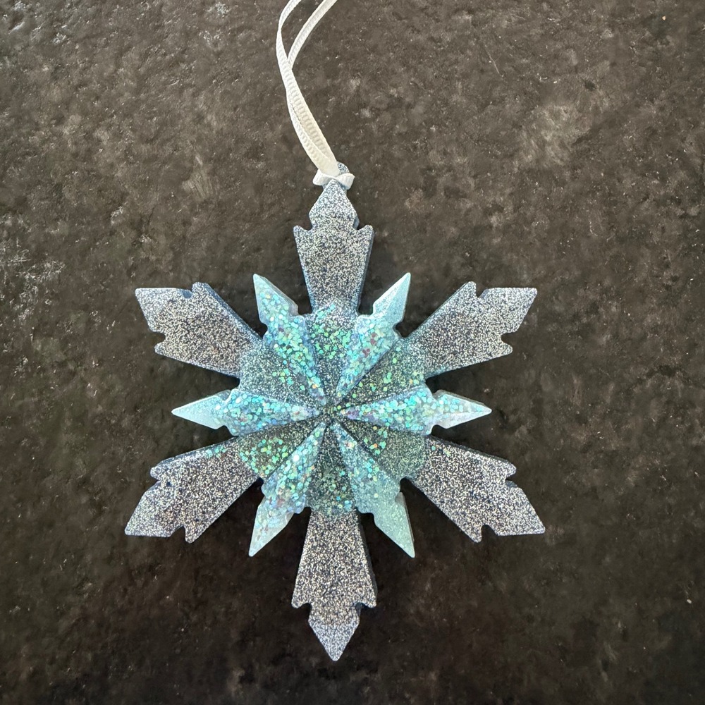 Blue Glitter Resin Snowflake Ornament Silver Holographic Winter Holiday Decor